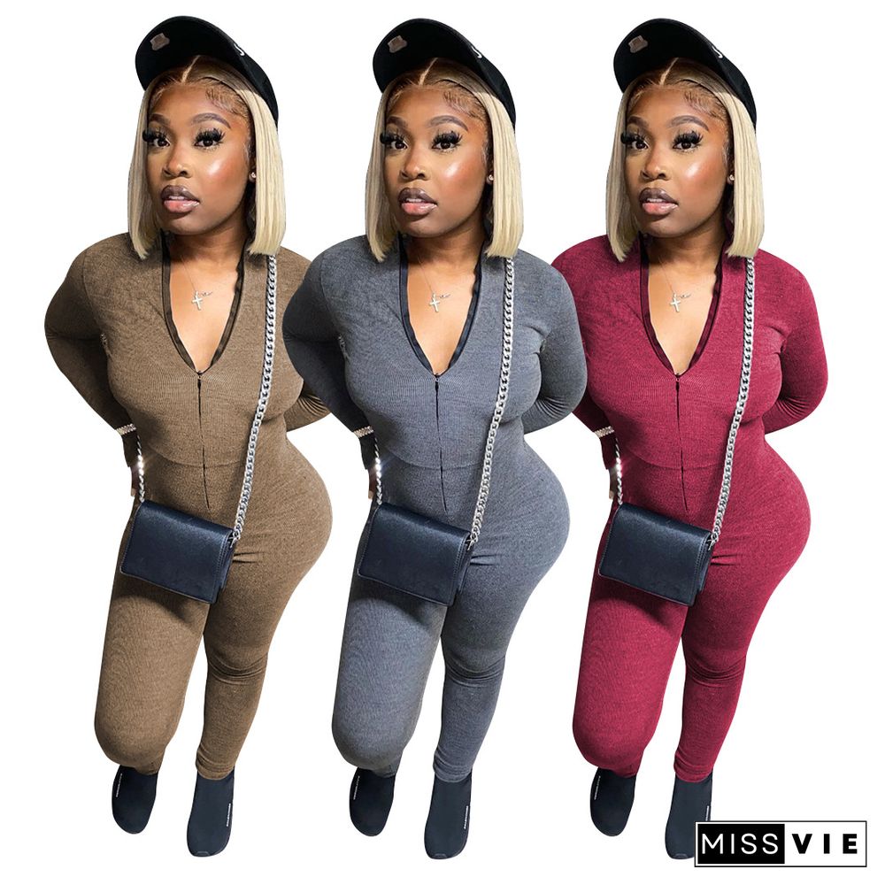 Solid Front Zipper Long Sleeve Bodycon Jumpsuit