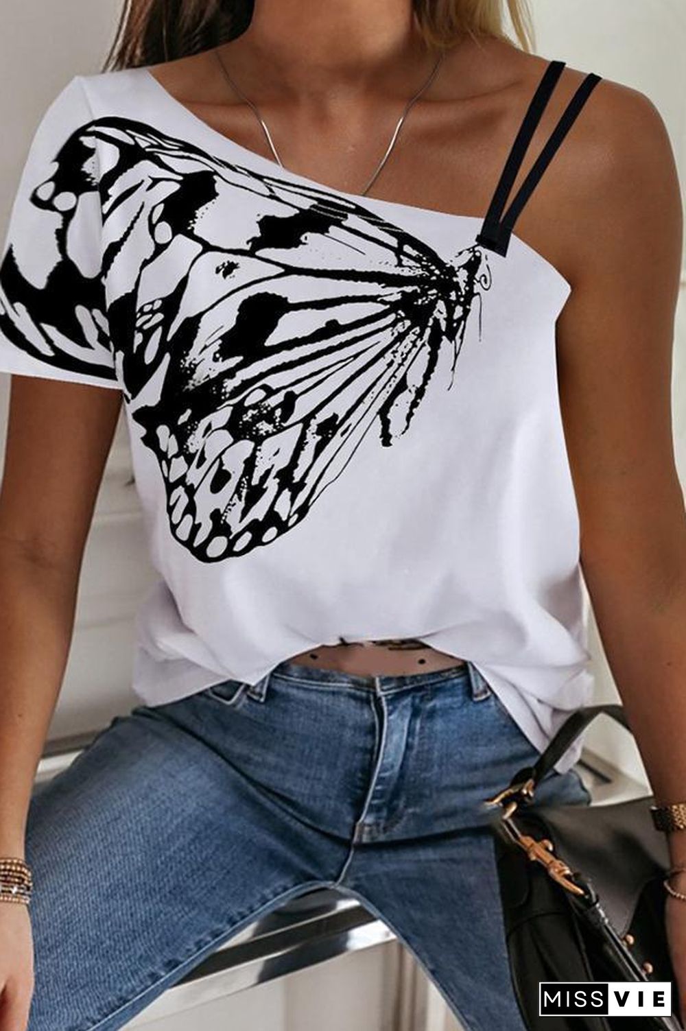 Butterfly Printed One-shoulder Strap T-shirt (2 Colors) P10388