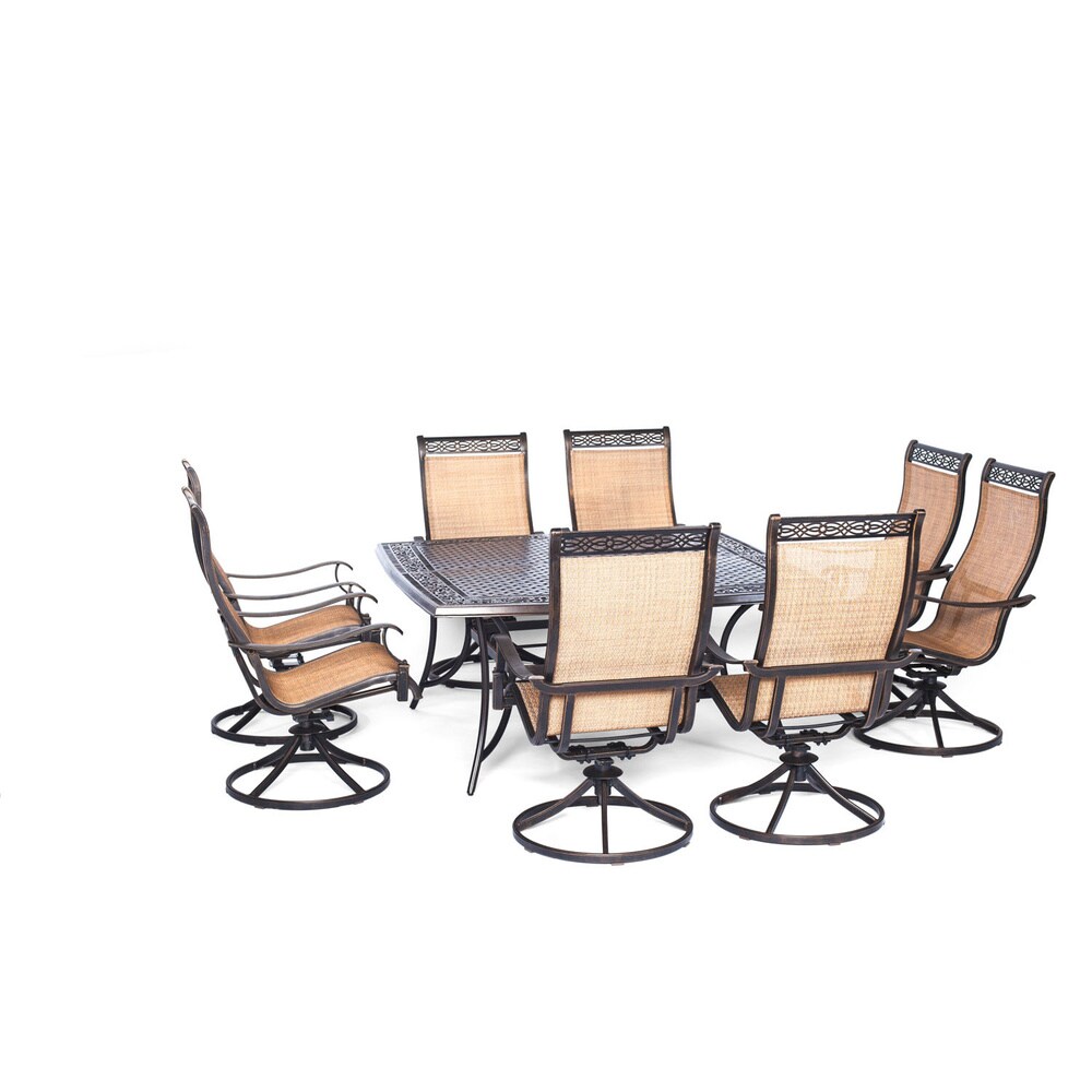 Hanover Manor Tan Aluminum 9 piece Outdoor Dining Set With Large Square Table and 8 Swivel Rockers