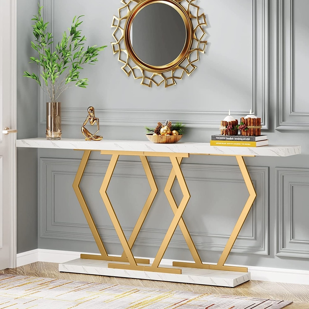 70.9 Inches Modern Console Table  Extra Long Sofa Table with Faux Marble Tabletop and Gold Base