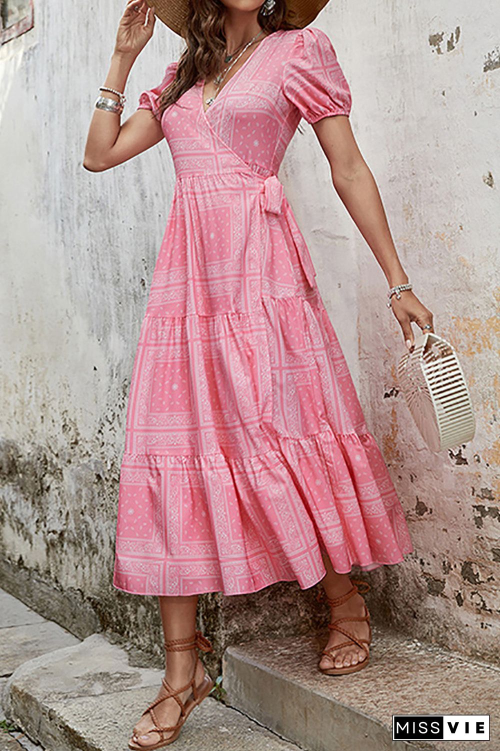 Pink V Neck Splicing Printing Dress