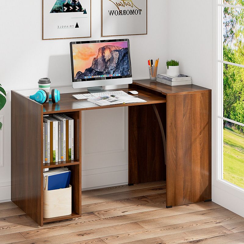 Extendable Computer Desk for Small Space with Mobile Shelves