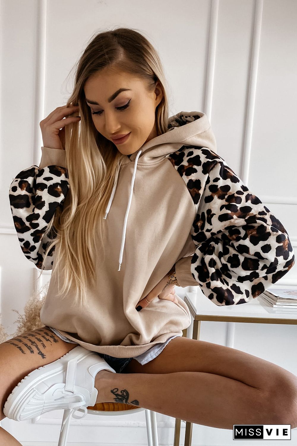 Apricot Leopard Bishop Sleeve Hooded Sweatshirt