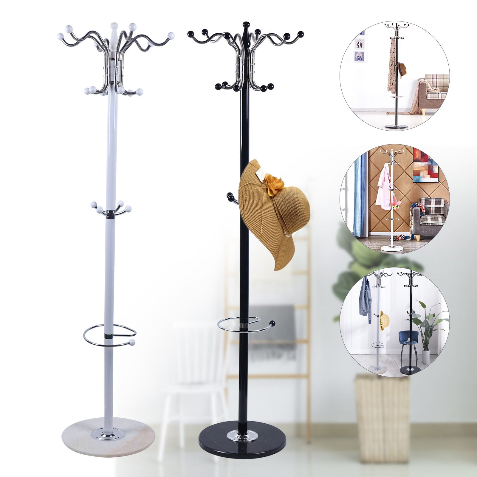 Wuzstar 16 Hooks Metal Coat Rack Floor Standing Tree Shape Bag Hanger Umbrella Holder with Mar-ble Base(Black)