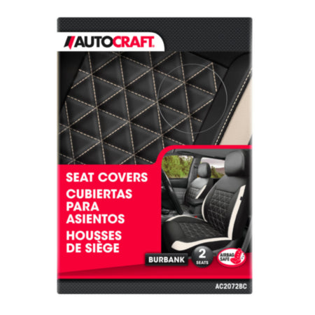 Autocraft Car and SUV Seat Cover， Black/Cream Faux Leather， Luxury， Universal， 2PK Low Back， Quilting