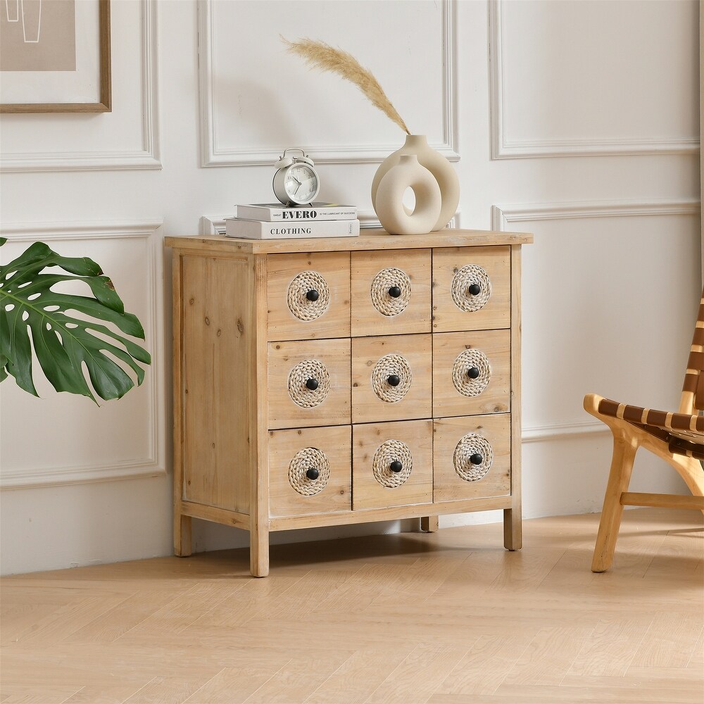 Storage Cabinet Rattan Retro Wooden Apothecary Chest with 9 Drawers