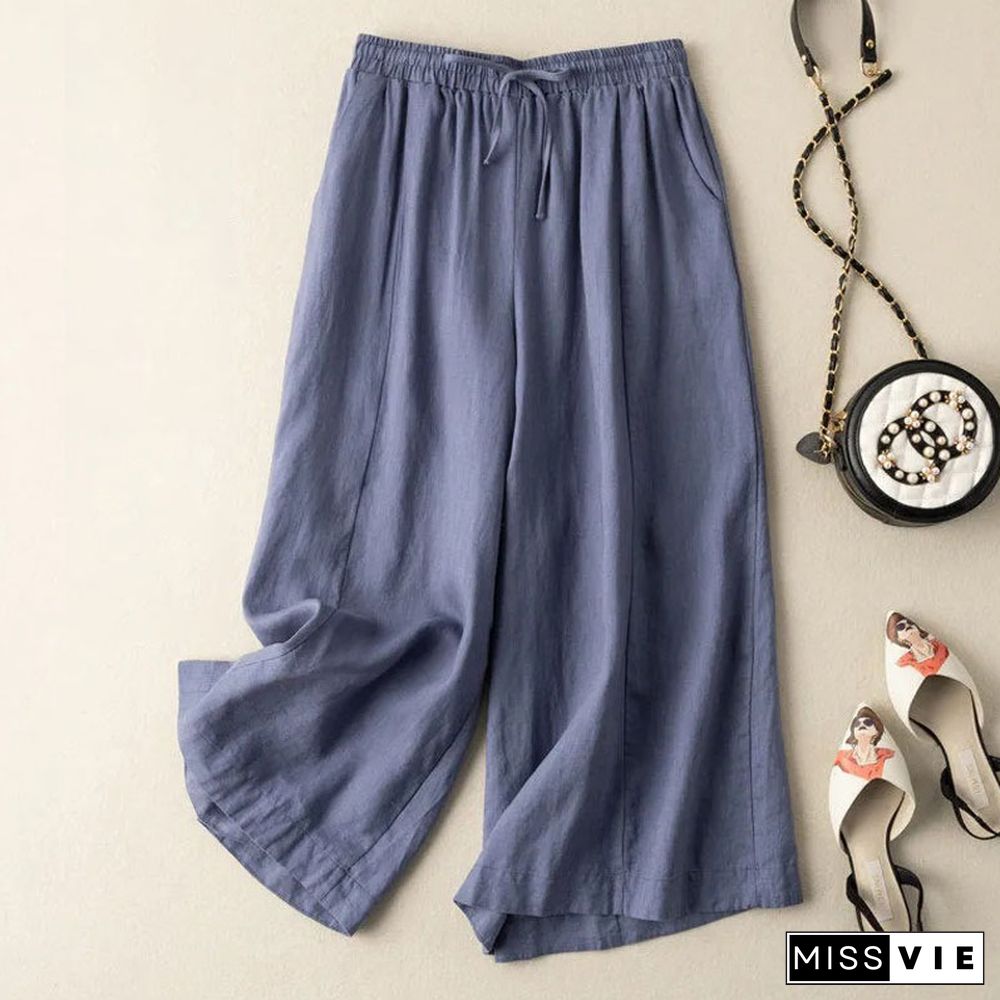 Dropping cotton and linen cropped wide-leg pants