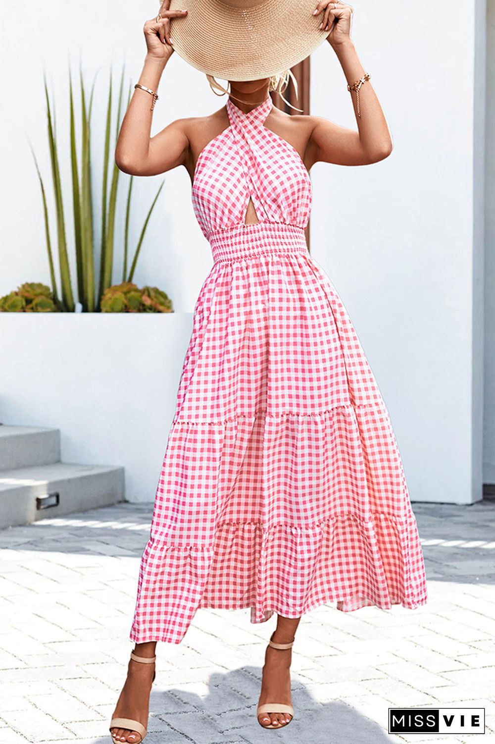 Halter Wrap Splicing Plaid Floral Dress