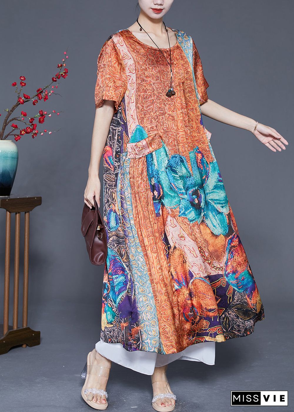 Plus Size Orange Oversized Print Pockets Silk Vacation Dresses Summer