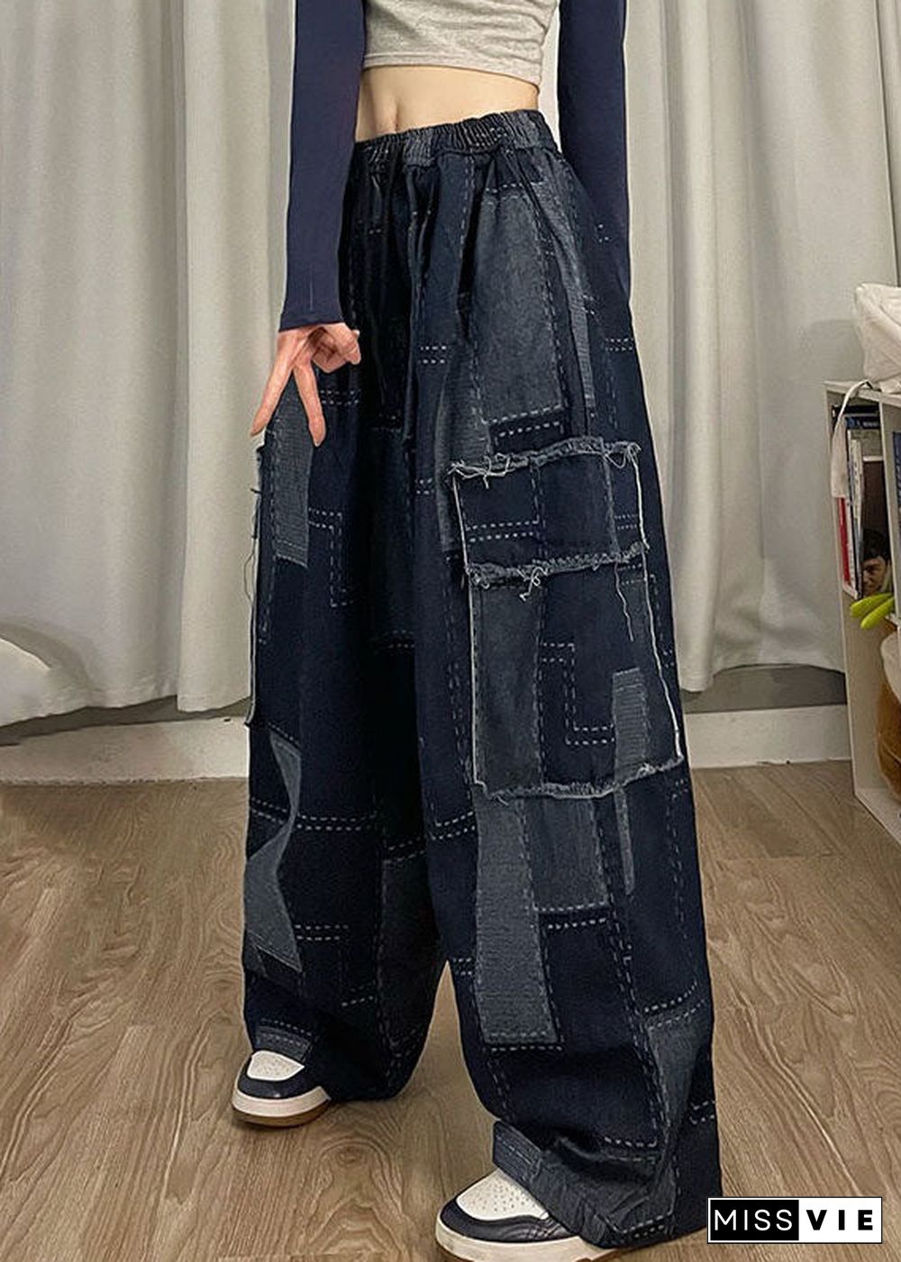 Italian Blue Pockets Patchwork Denim Wide Leg Pants Spring