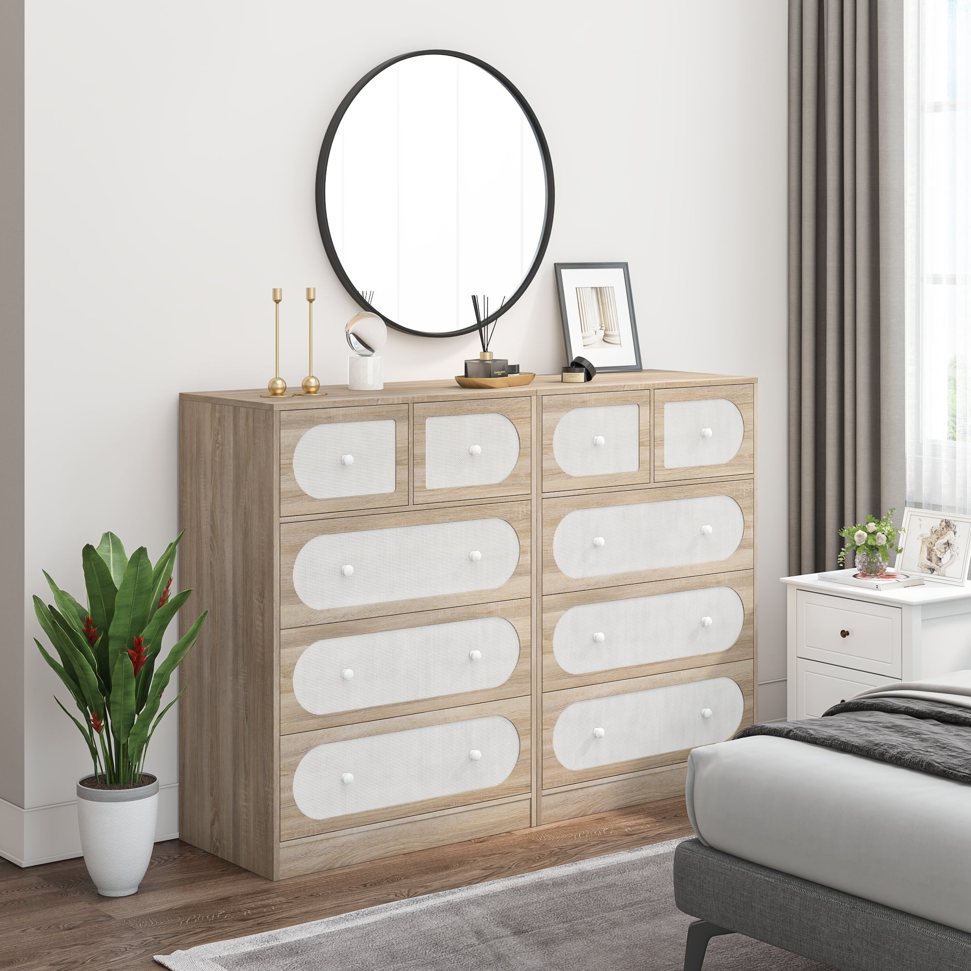 Homfa 5 Drawer Dresser for Bedroom, Rattan Dresser Modern Closet Dressers Chest of Drawers, Wood Storage Chest, Oak