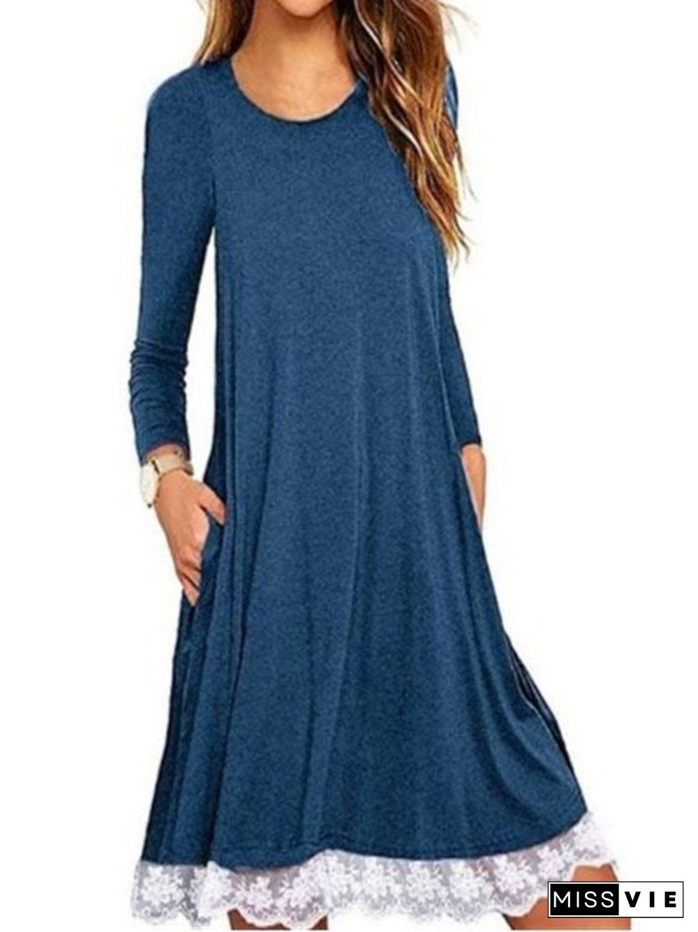 Women Scoop Neck Long Sleeve Solid Color Dress