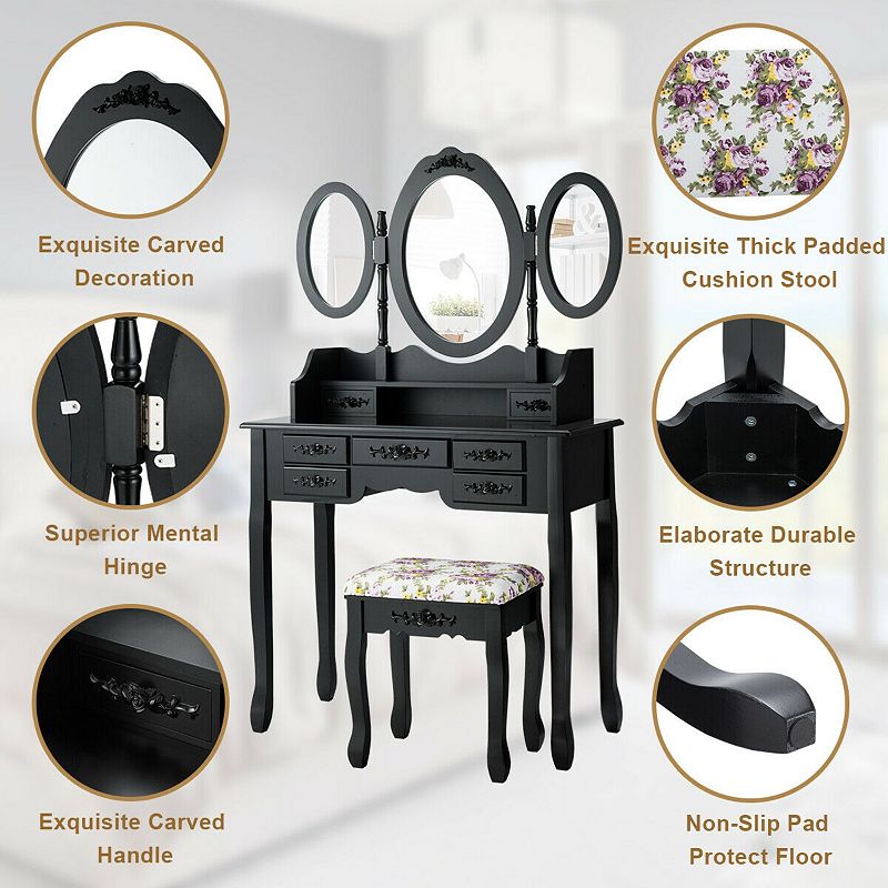 7 Drawer Tri-Folding Mirror Dressing Vanity Makeup Set-Black