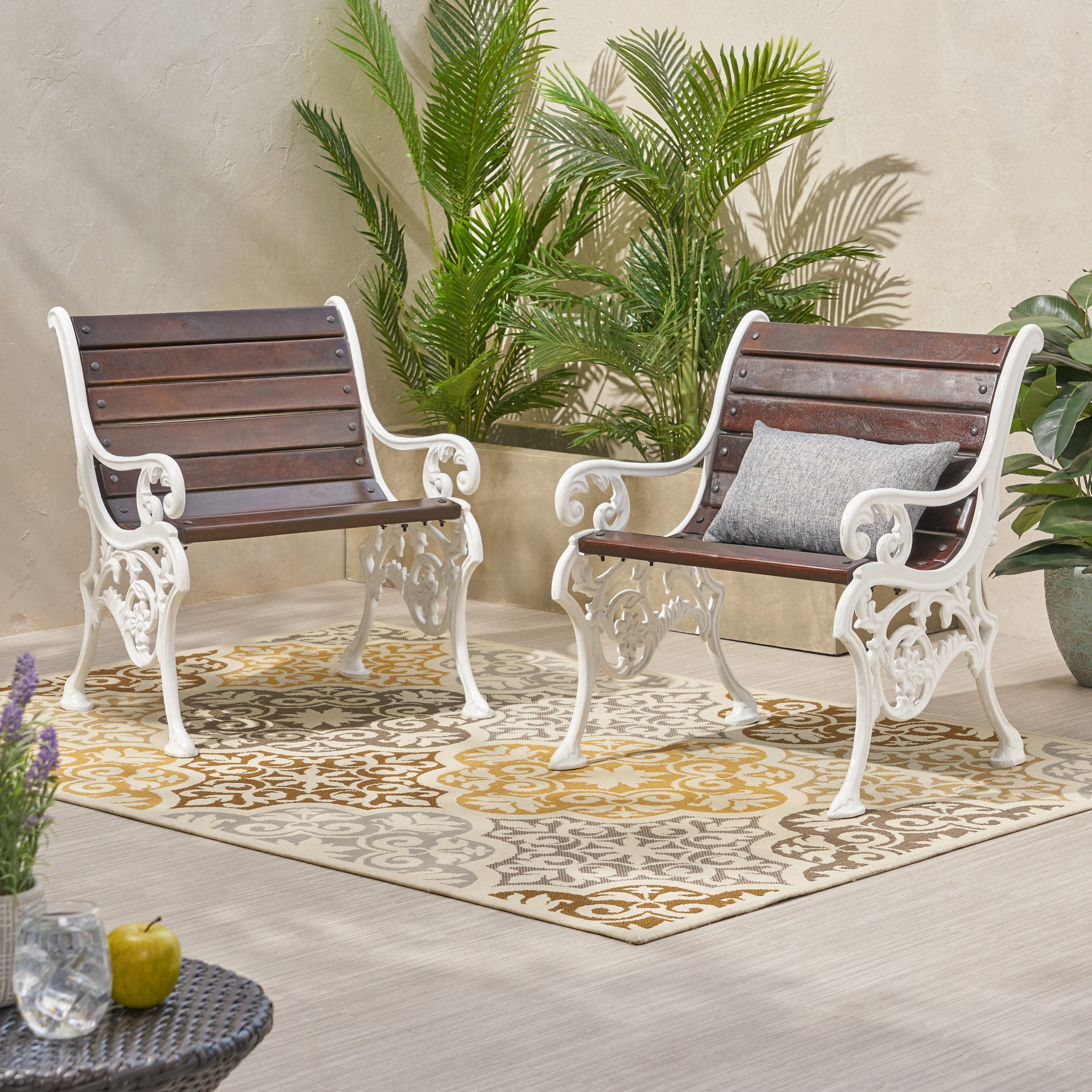 Judith Outdoor Handcrafted Mango Wood Chair, Set of 2, Rustic Brown and White