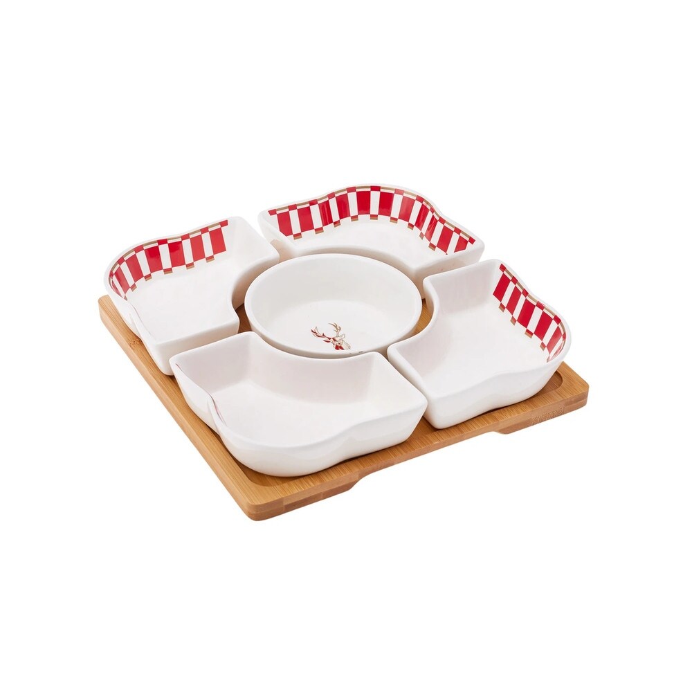 Karaca 5pc Fine Porcelain Sectional Tray Set with Wood Base   8.27 х 8.27\