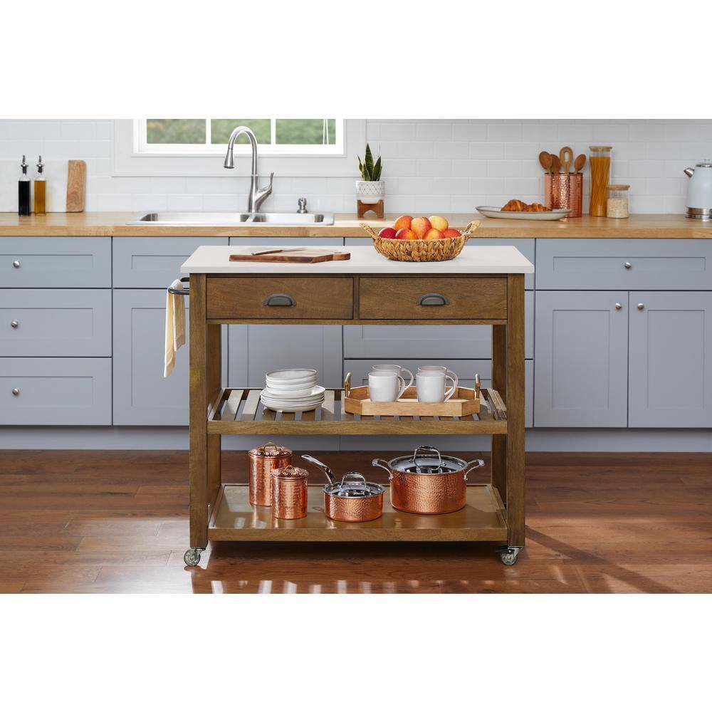 Home Decorators Collection Alstead Wooden Farmhouse Rolling Kitchen Cart with White Marble Top and Double-Drawer Storage (44in. W) BT0339V