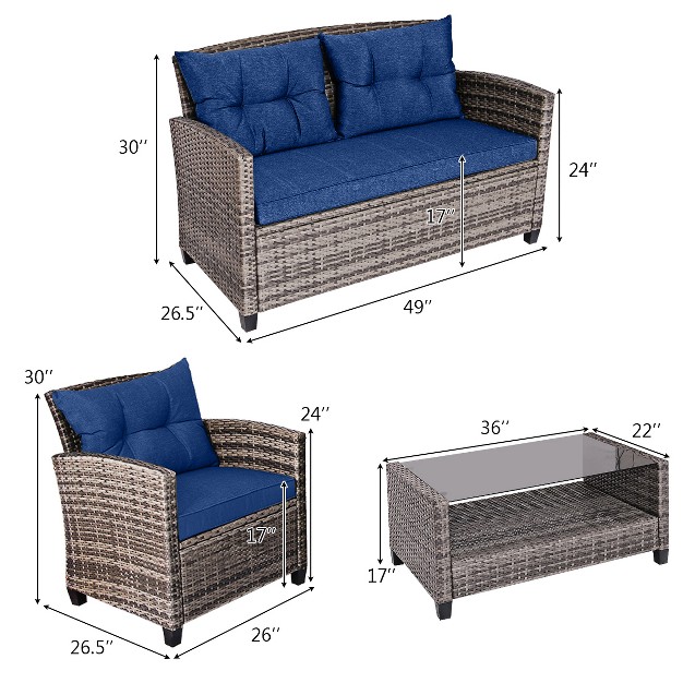 Costway 4 Pcs 8pcs Patio Rattan Furniture Set Coffee Table Cushioned Sofa Garden Lawn Navy