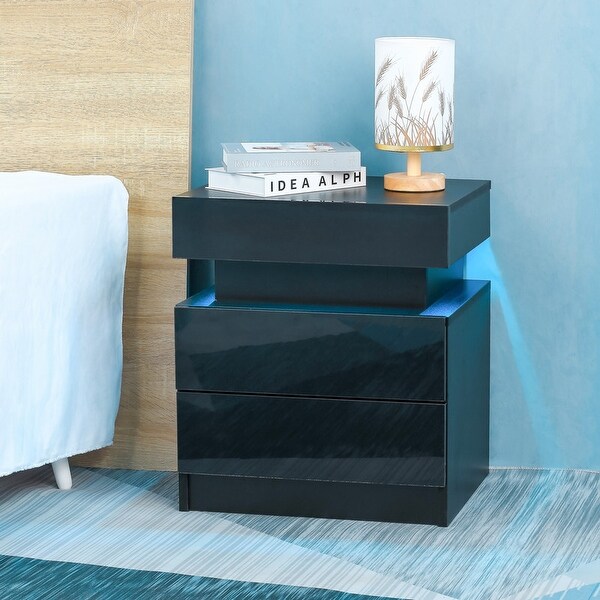 Modern Lift-top LED Nightstand with 2 High Gloss Drawers - - 36679174