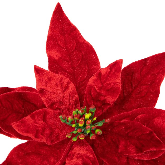 Glittered Red Velvet Christmas Poinsettia Stem Spray