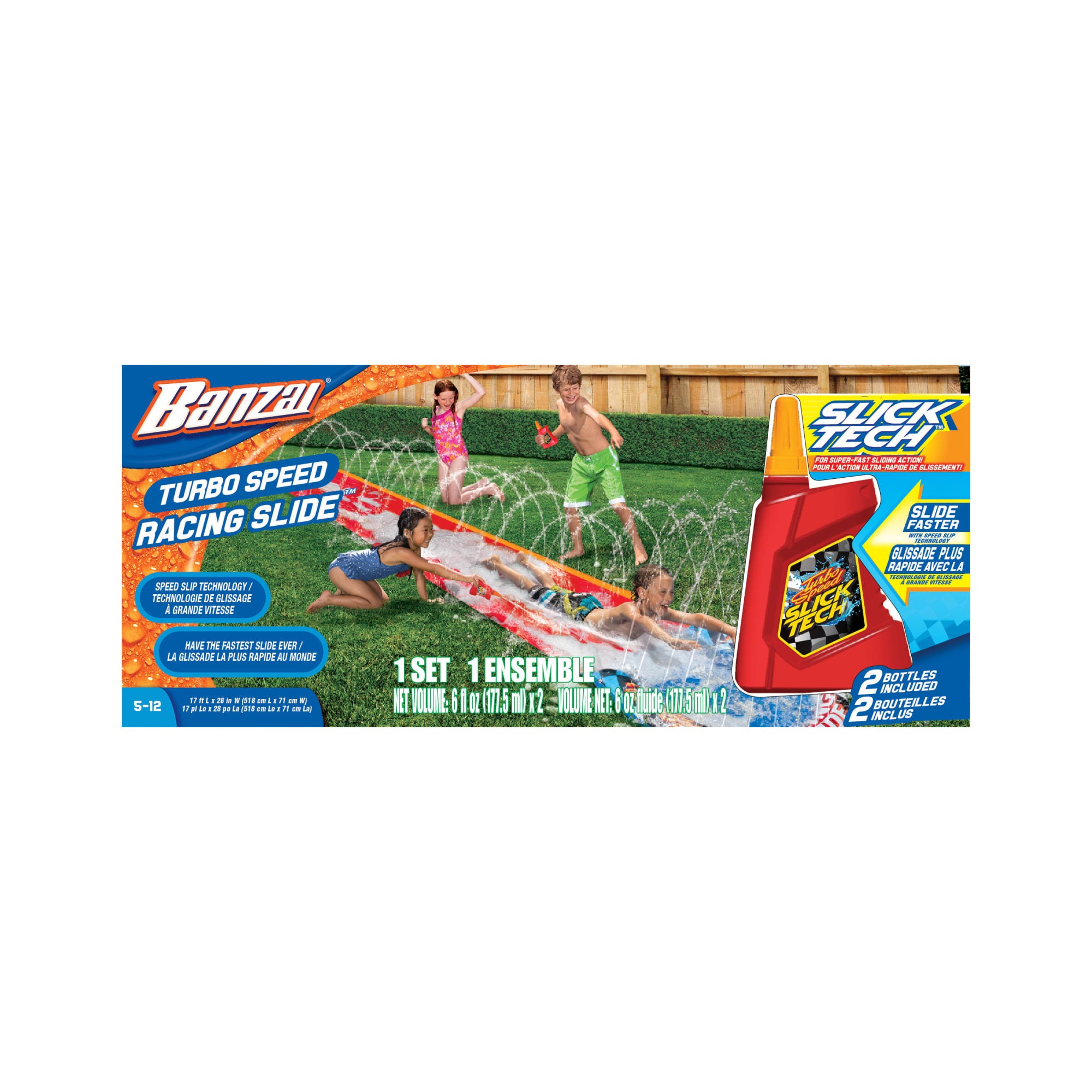 Banzai Turbo Speed Racing Slidew/ Slick Tech Solution, Length: 17 ft, Width: 28 in, Inflatable Outdoor Backyard Water Slide Splash Toy