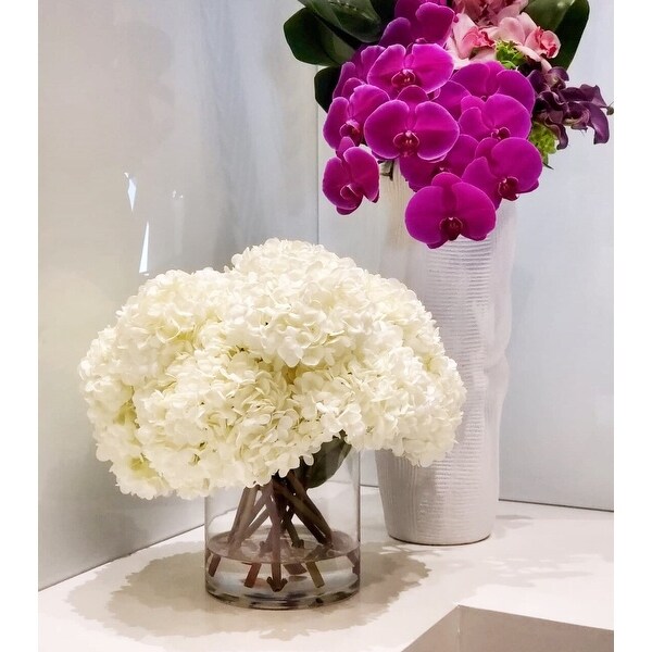 White Hydrangea Bouquet in clear glass cylinder vase