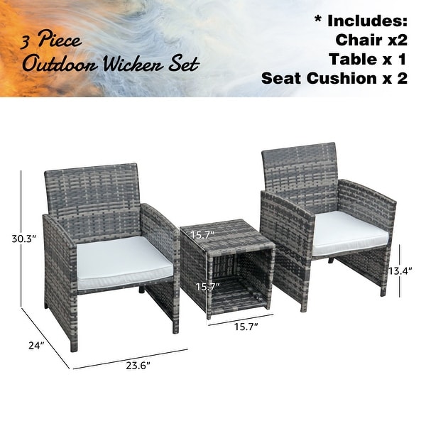 Patio 3 Pieces Wicker Bistro Set Cushioned Chair and Side Table