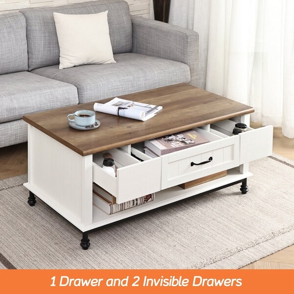 Farmhouse Coffee Table， Large Rectangle Storage Center with Drawer for Living Room