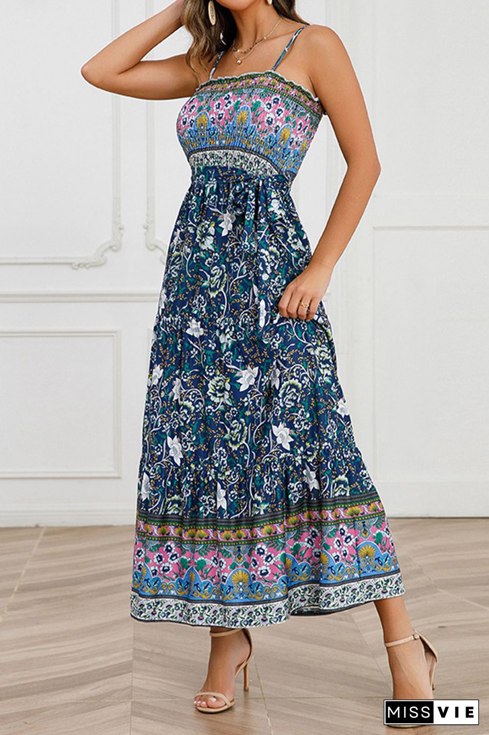 Boho Floral Print Smocked Bandeau Spaghetti Strap Maxi Dress