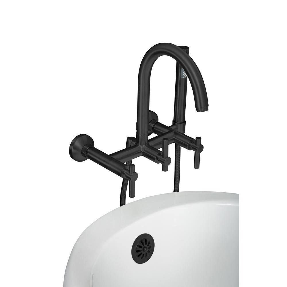 PELHAM  WHITE Modern 3-Handle Wall Mount Tub Faucet with Handshower and Hose Metal Levers in Matte Black PW82565-L-MB