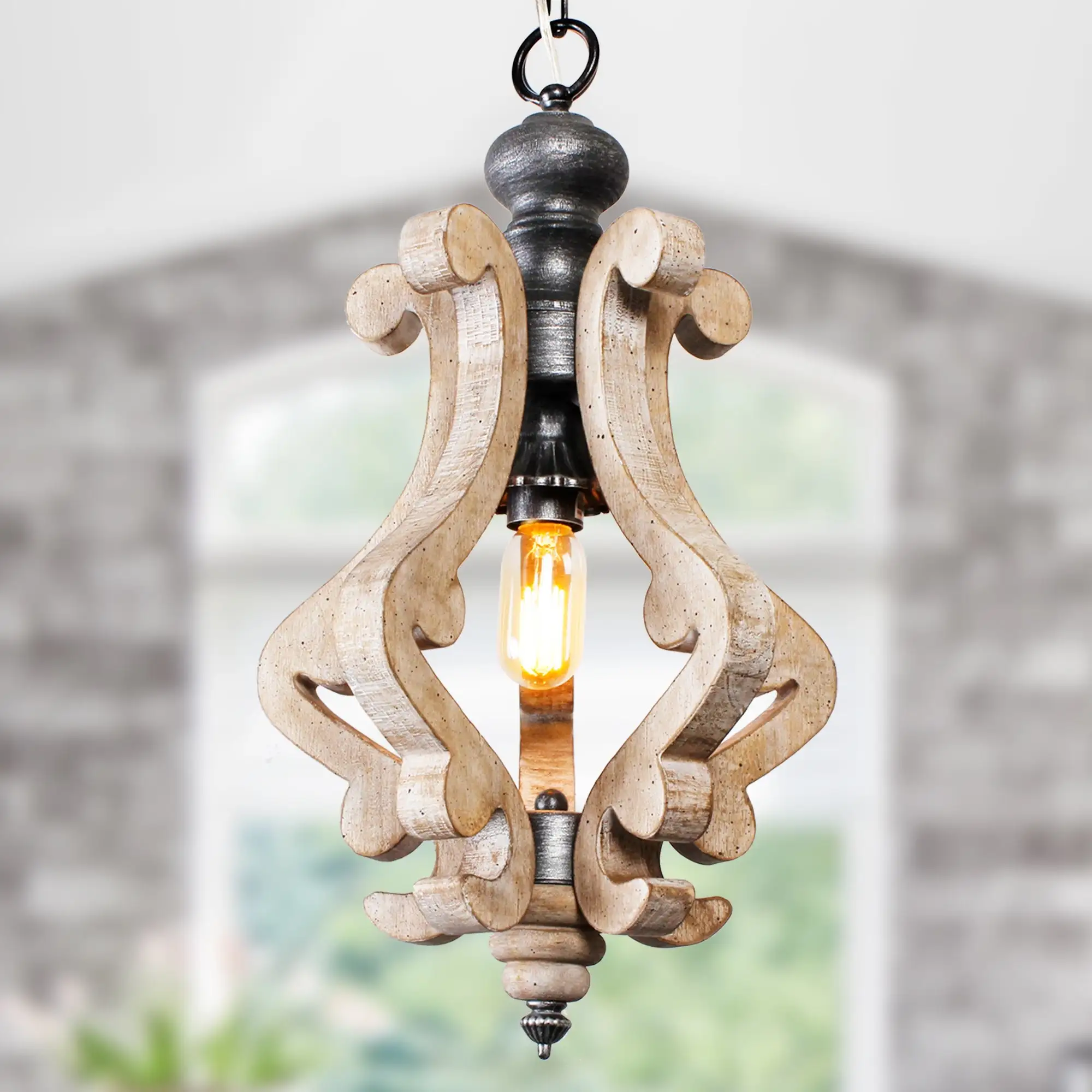 Cusp Barn Farmhouse Light Fixtures Chandelier 1-Light Rustic Wood Pendant Light with Adjustable Chain for Kitchen Island Shopping - The Best Deals on Chandeliers