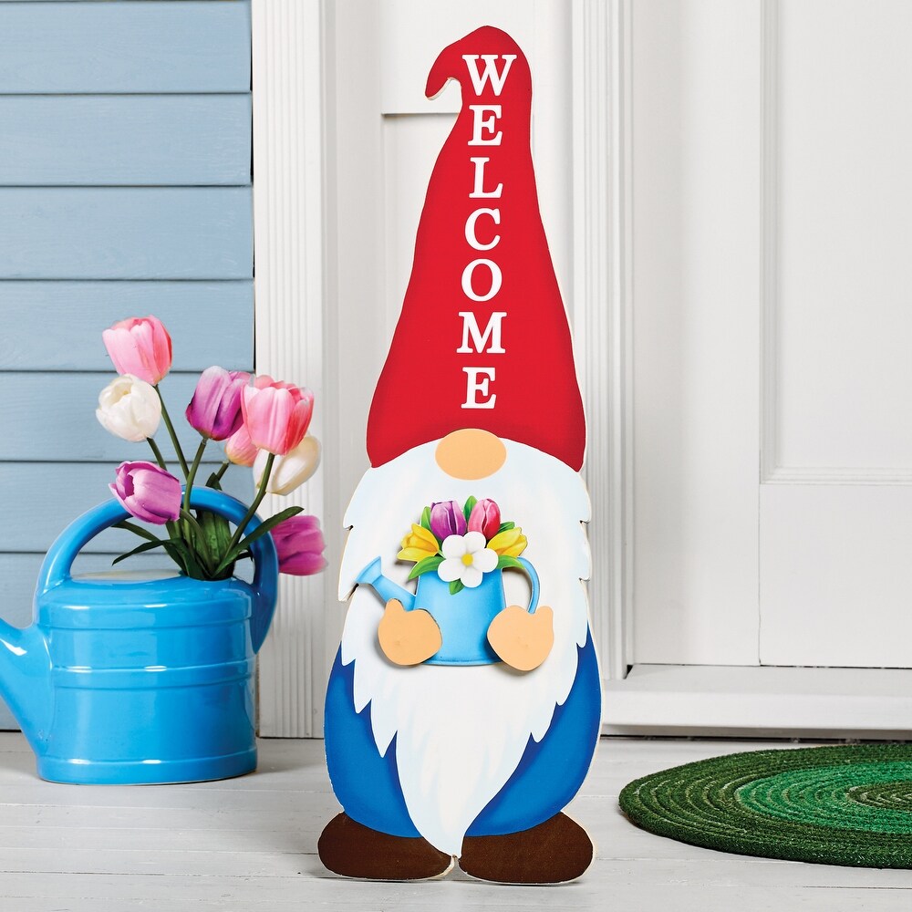 Seasonal Wooden Welcome Gnome Statue with Seasonal Hearts   25.350 x 8.750 x 2.750