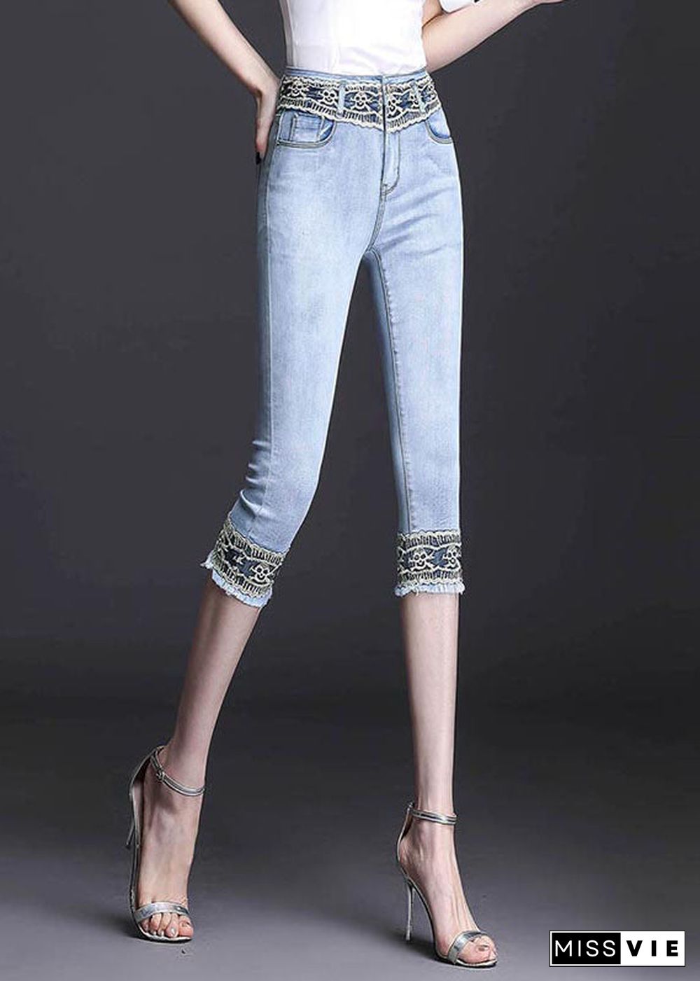 Boutique Light Blue High Waist Zip Up Lace Patchwork Slim Cotton Denim Crop Pants Summer