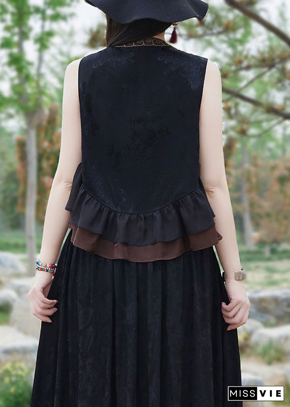 Women Black Ruffled Tasseled Patchwork Silk Waistcoat Sleeveless