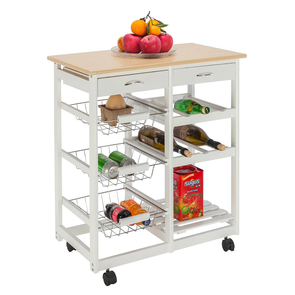 GoDecor Rolling Kitchen Trolley Cart Island， Wood Kitchen Cart with Two Drawers，White