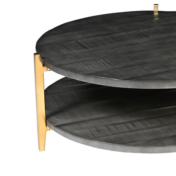 Tali 37 Inch Handcrafted Round Coffee Table， 2 Tier， Charcoal Gray Acacia Wood， Sleek Gold Metal Legs