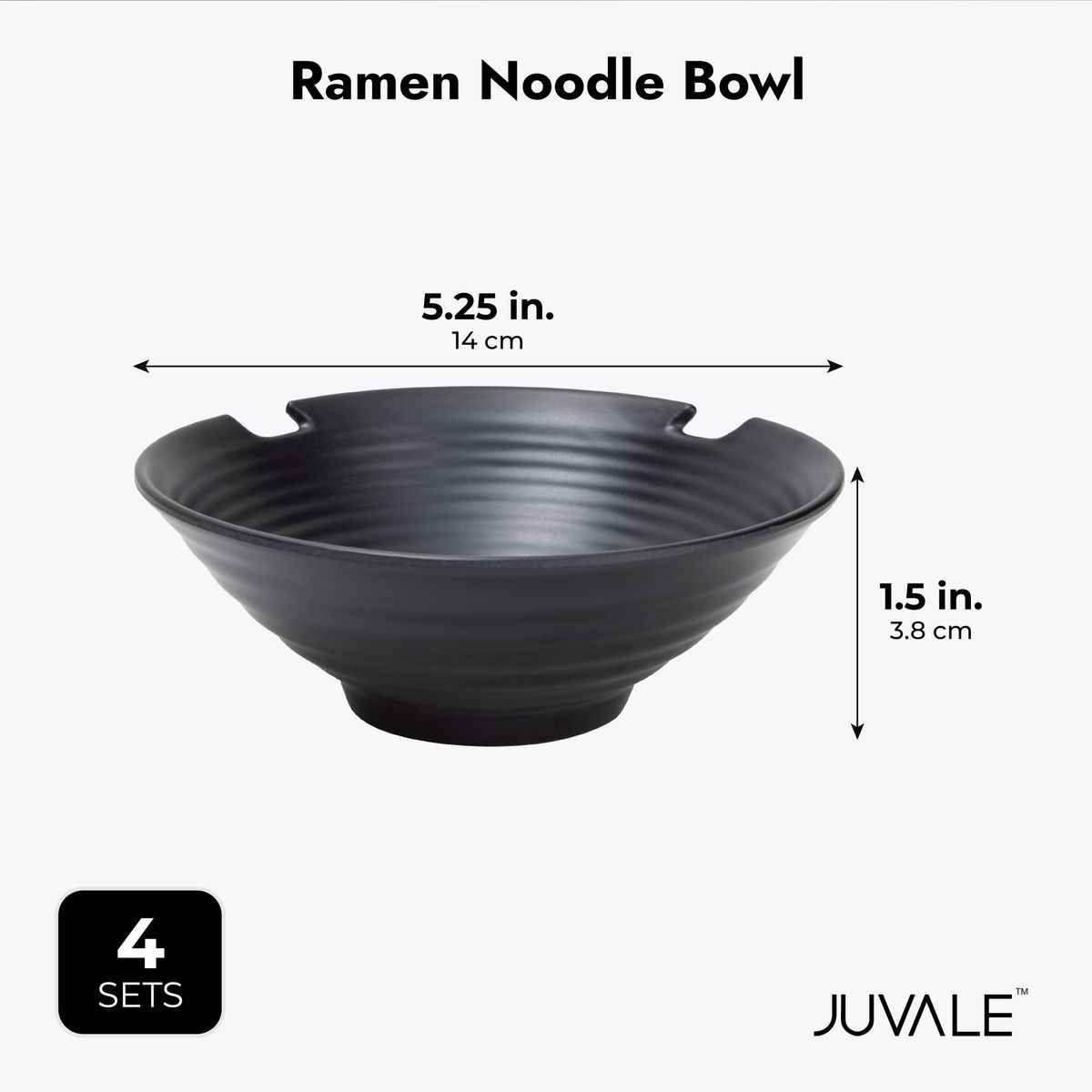 Set of 4 Black Plastic Soup Serving Bowls， Ramen Bowl with Spoons and Chopsticks for Noodles， 9 x 3 in.