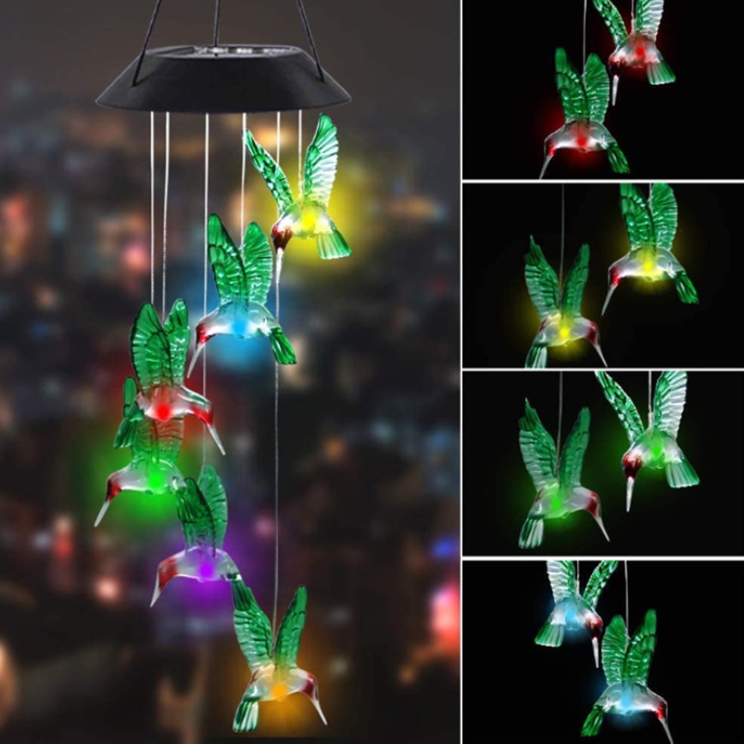 Chrlaon Solar Changing Wind Chime Light， Hanging Hummingbird Wind Chime for Outdoor Multicolor