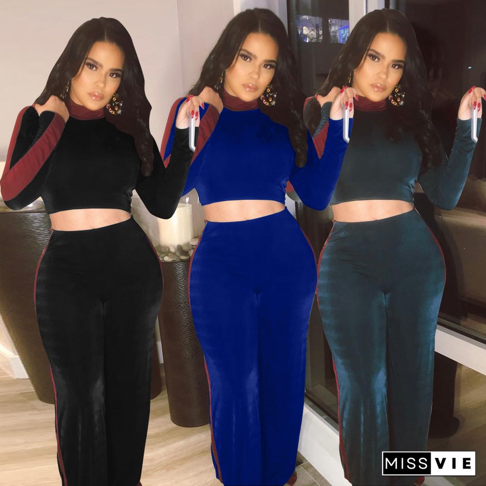 Women's Stripe Stitching Velvet Crop Tops Pants Two Piece Set