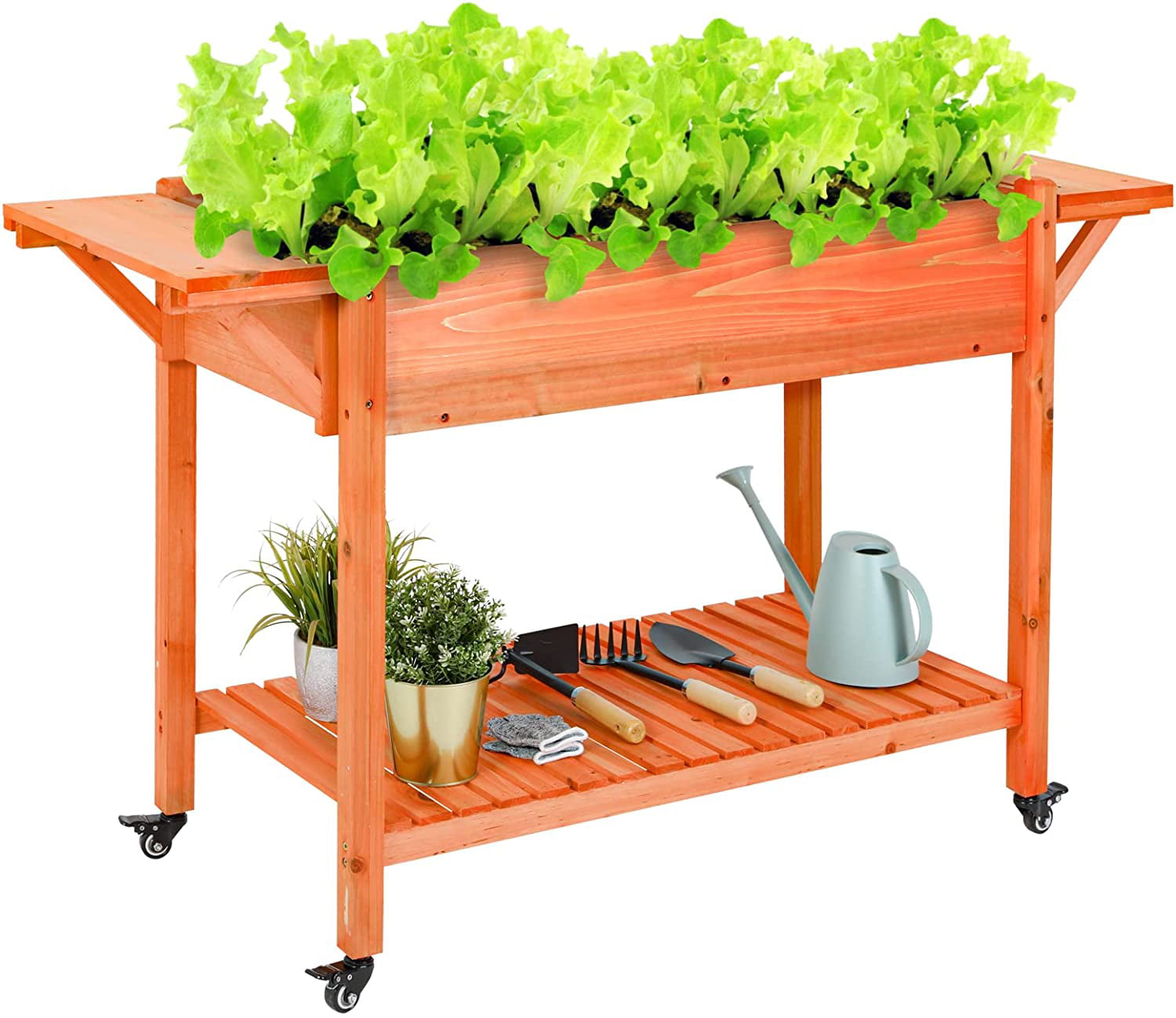 Increkid 55" x 21" x 33" Raised Garden Bed Mobile Elevated Wood Planter W/ Shelf