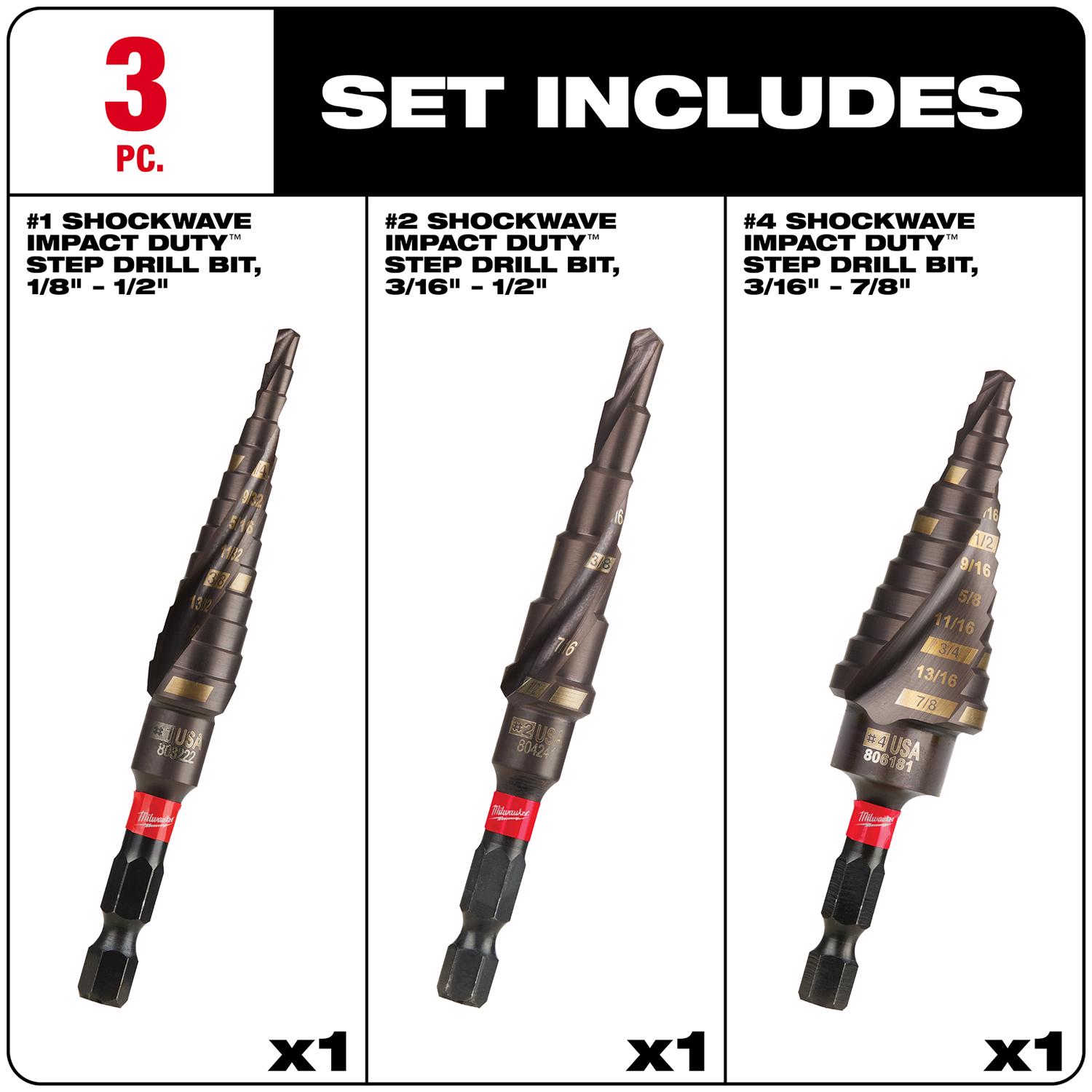 MW Shockwave High Speed Steel Impact Duty Step Drill Bit Set 3 pc