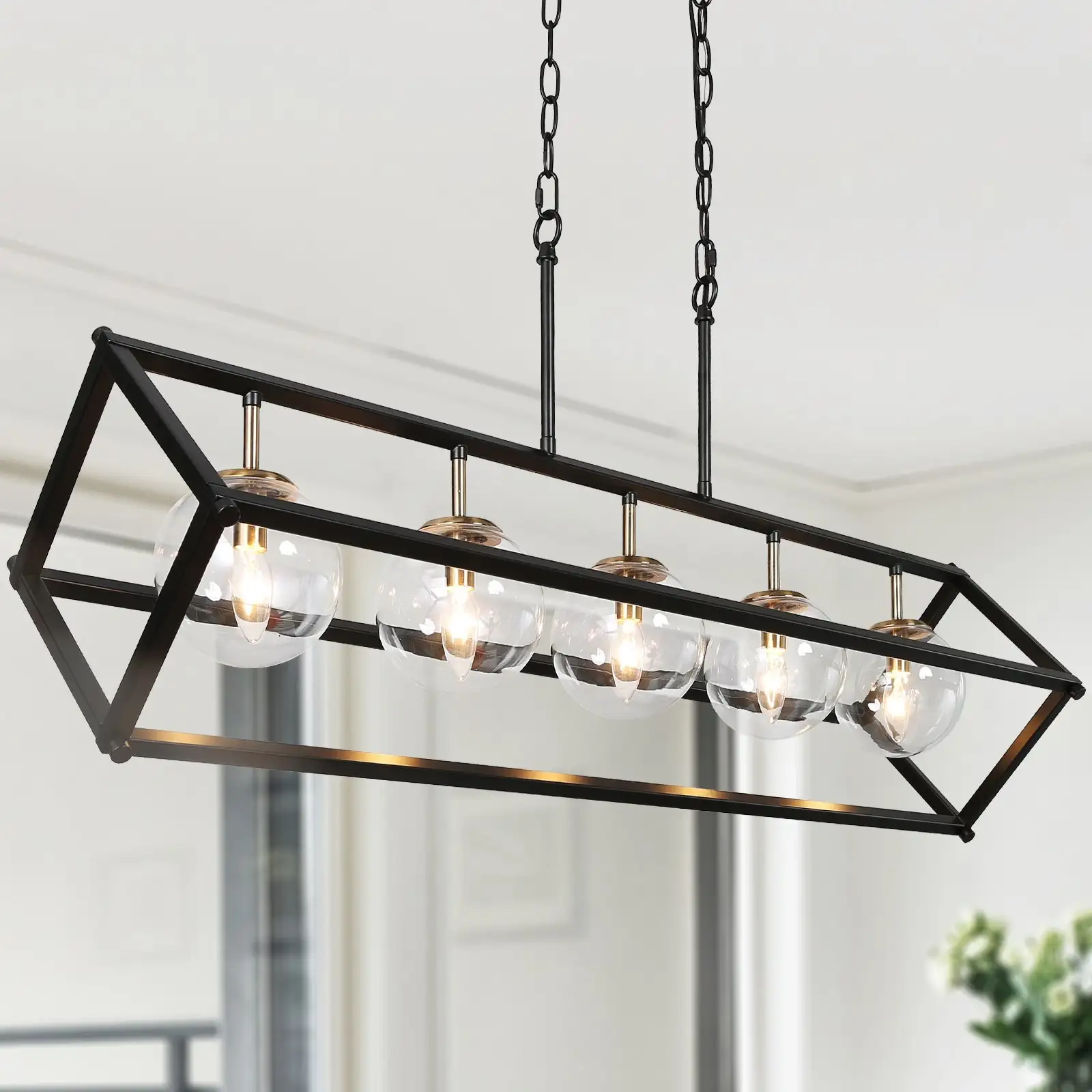 Modern Farmhouse 5-Light Geometric Chandeliers Black Gold Glass Island Light for Dining Room - 41.5