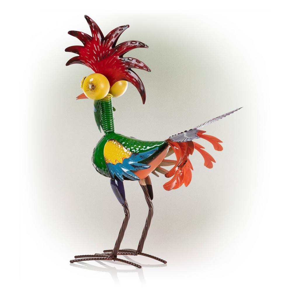 Alpine Corporation 18 in. Tall Indoor/Outdoor Wacky Metal Rooster Yard Statue Decoration MZP388