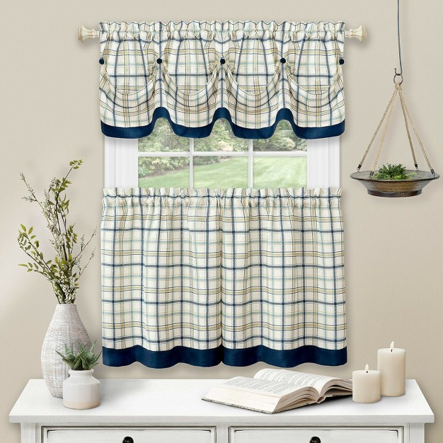 Kate Aurora Country Farmhouse Plaid 3 Pc Tattersall Cafe Kitchen Curtain Tier amp Valance Set