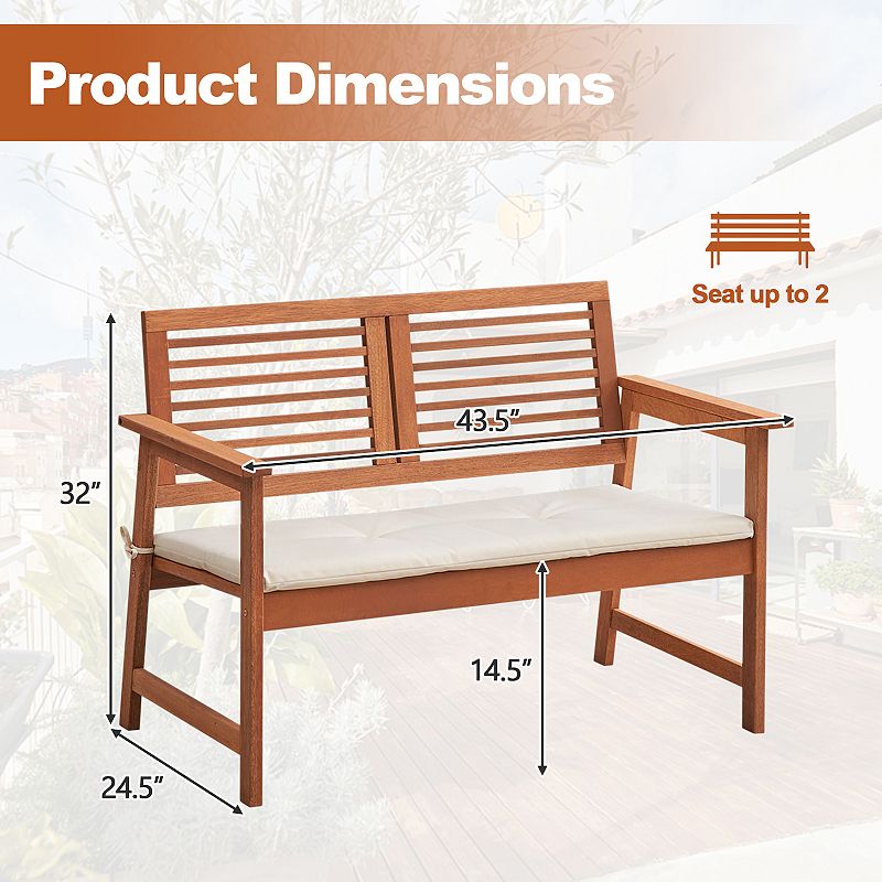 2-person Solid Wood Patio Bench With Backrest And Cushion