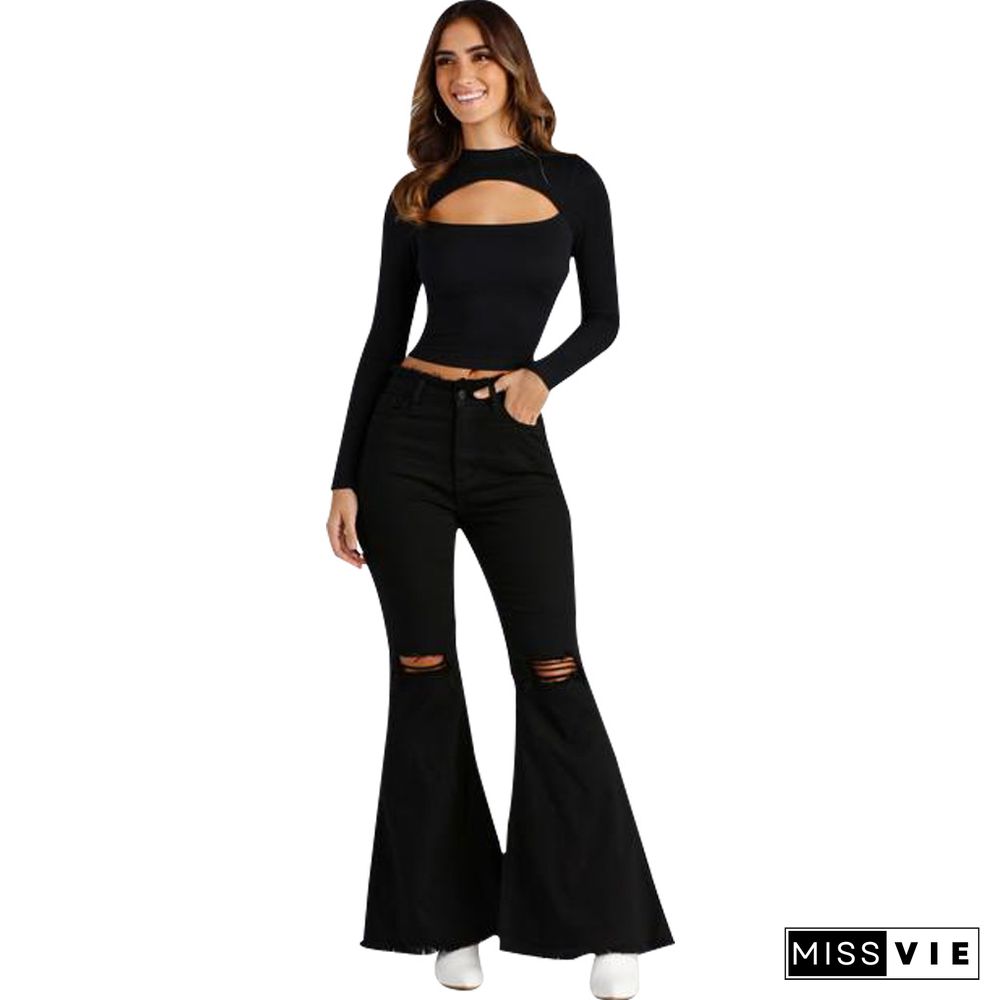 Plus Size Ripped High Waist Flare Denim Pants