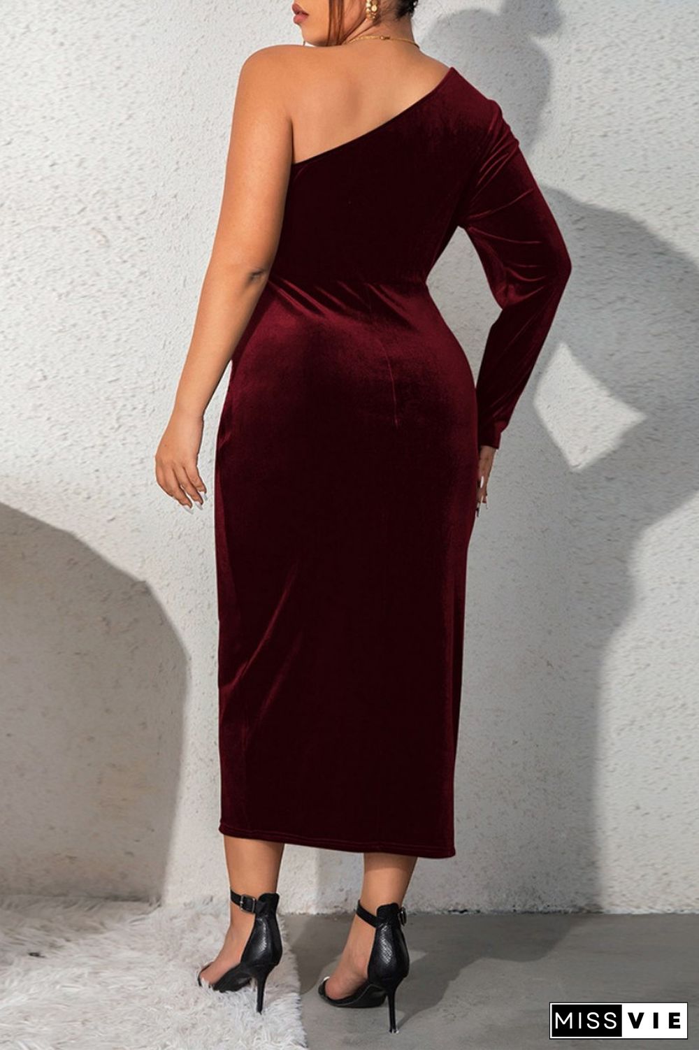 Sexy Casual Solid Backless Slit Oblique Collar Long Sleeve Plus Size Dresses