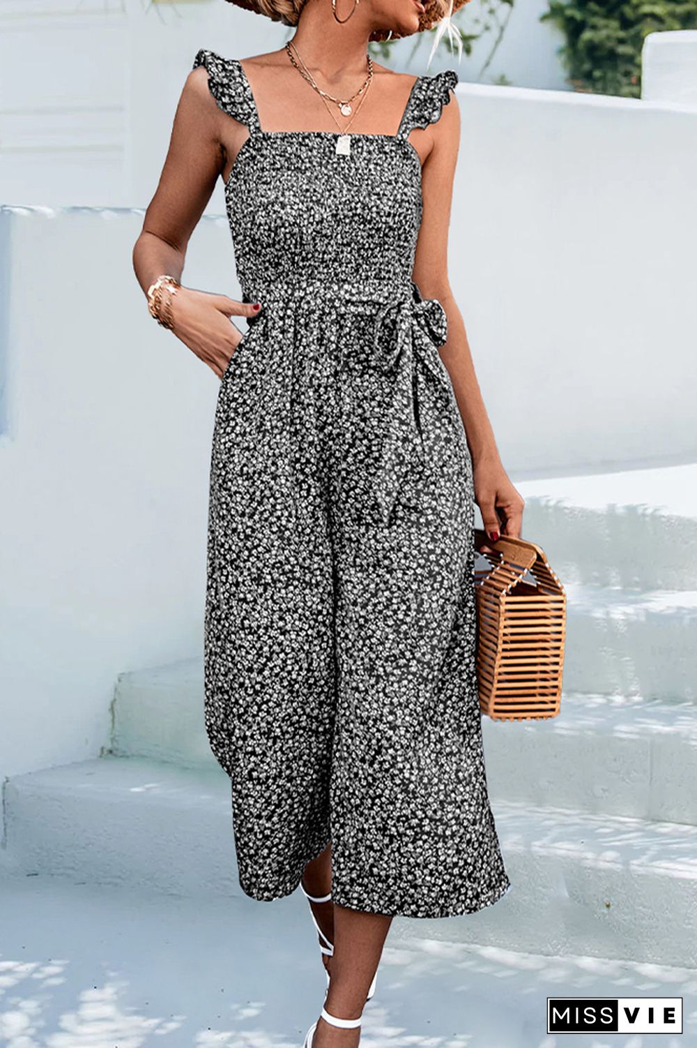 Smocked Top Wide Leg Ruffles Strap Cami Jumpsuit