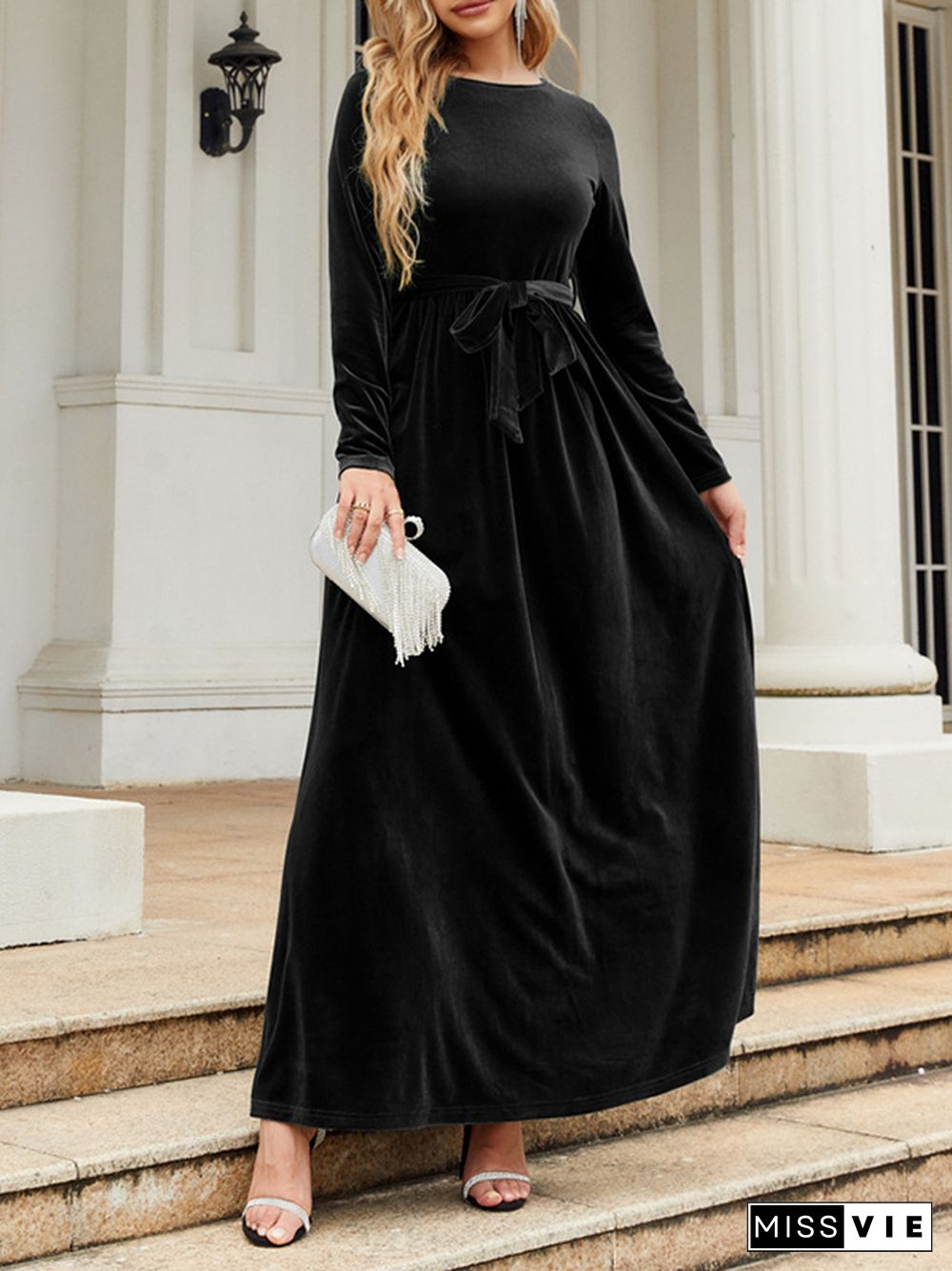 Long Sleeves Wrap Belted Pleated Solid Color Zipper Round-Neck Maxi Dresses