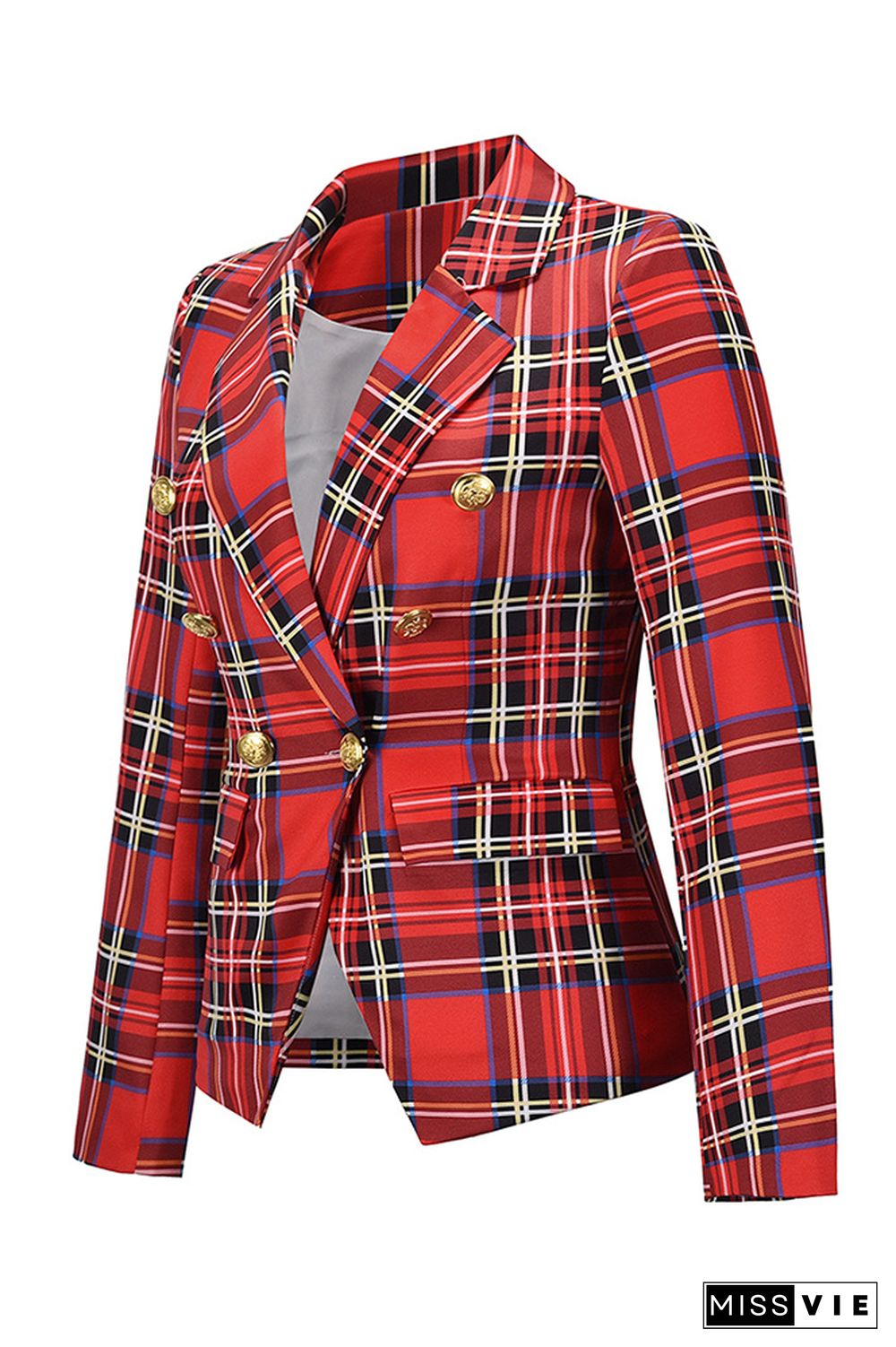 Plaid Turn Lapel Collar Pockets Blazer Women Wholesale