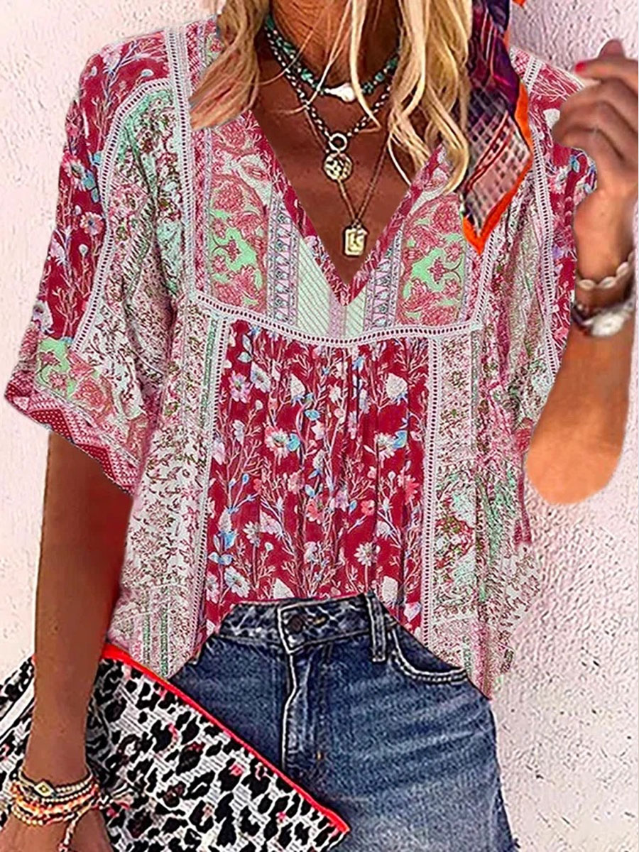 V-neck Casual Loose Floral Print Short Sleeve Blouse